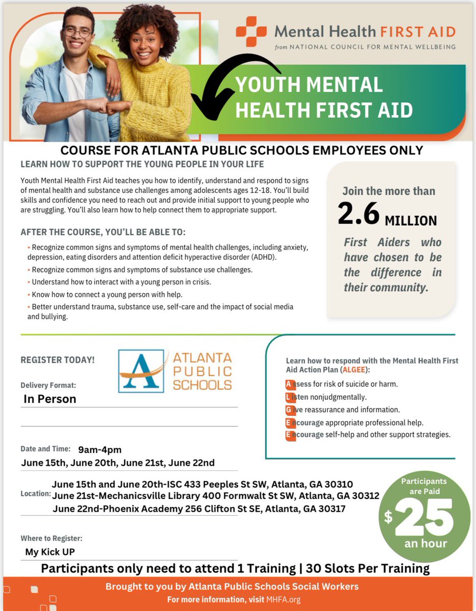 CAMontgomeryEDU's tweet photo. 📢 We are excited to offer Youth Mental Health First Aid training to ANY @apsupdate Staff member this summer! ⭐️The training is outstanding, nationally recognized, and designed for anyone that works with our youth! 🧠😊❤️ https://t.co/wUHu9NaYIp