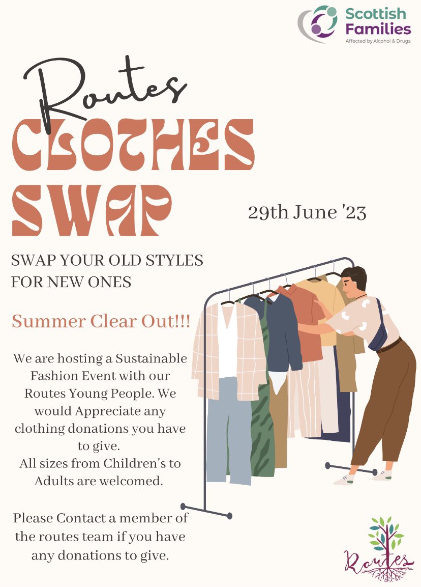 Anna Littlejohn (@annasfad) on Twitter photo ☀️Summer's Here ☀️
No better excuse to have a clothing clear-out! On the 29th of June Routes will be hosting a Sustainable Clothes Swap for our young people. We would appreciate clothing donations of any sizes, kids to adults.
Contact myself, <a href="/Kelseysfad/">Kelsey Craig</a> or <a href="/PamSFAD/">Pamela Burns</a> to donate 😊 ☀️Summer's Here ☀️
No better excuse to have a clothing clear-out! On the 29th of June Routes will be hosting a Sustainable Clothes Swap for our young people. We would appreciate clothing donations of any sizes, kids to adults.
Contact myself, <a href="/Kelseysfad/">Kelsey Craig</a> or <a href="/PamSFAD/">Pamela Burns</a> to donate 😊