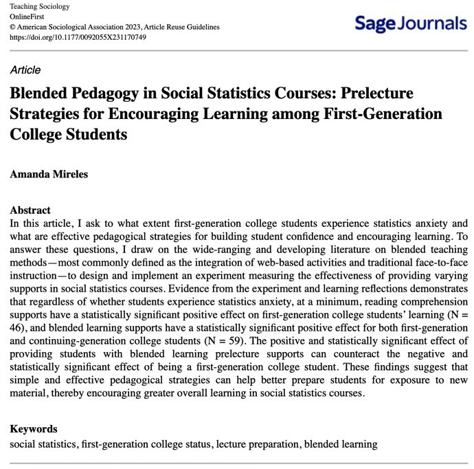 Teaching_Soc's tweet photo. ⚡️Check this out on OnlineFirst⚡️
This article is apart of the July special issue Teaching Sociology by, for, and about FGWC People. The goal was to understand measures that aid in education regarding social statistics courses among FG students.
#ASA #FGWC @amanda_mireles https://t.co/SocJafvtfx