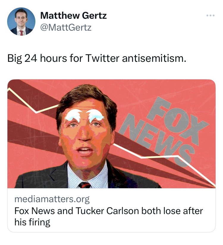 Apparently allowing Tucker to post a clip on Twitter is “antisemitism”.

Nothing he said was “anti semitic”