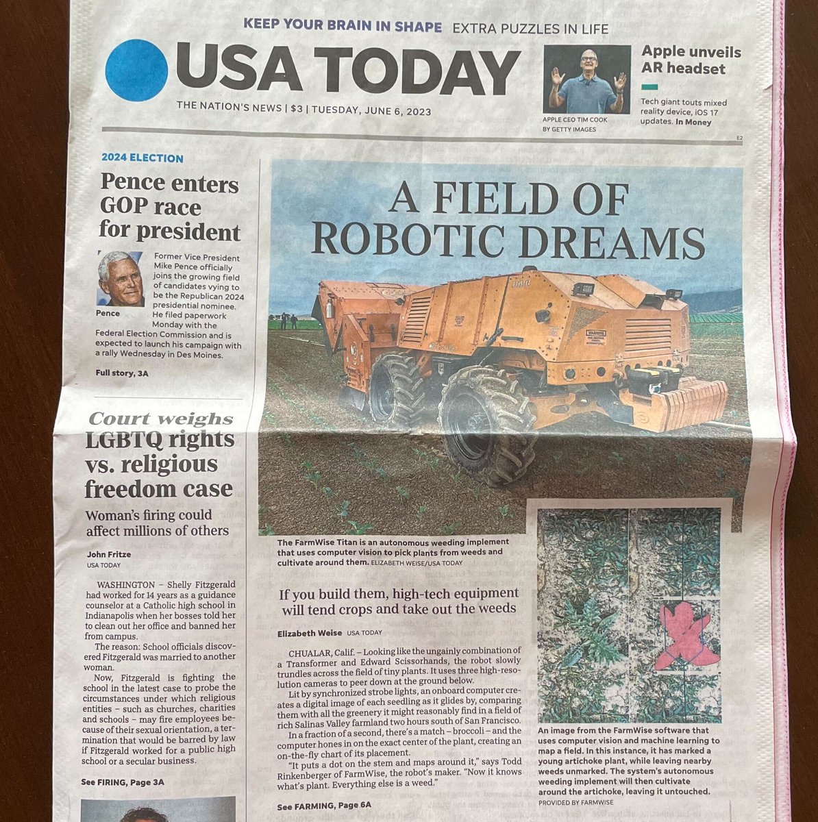 We're thrilled to make the cover of <a href="/USATODAY/">USA TODAY</a> 
discussing the revolutionary impact of automated farming equipment. The article highlights the use of our previous weeder generation, Titan, which employs advanced #ML and precision controls to uproot weeds with precision.
#agtech