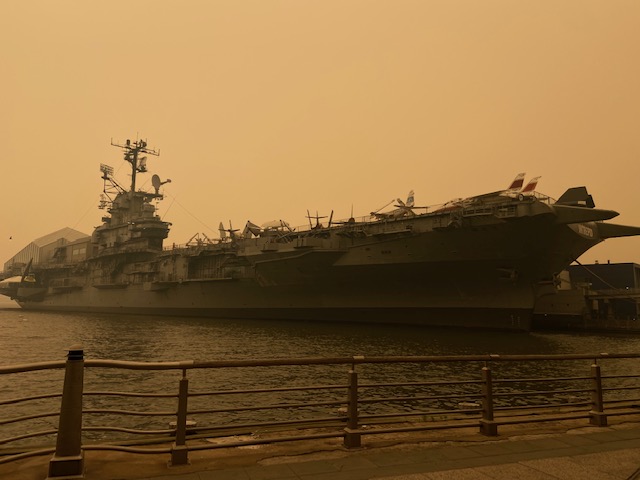 IntrepidMuseum's tweet photo. The Intrepid Museum will close at 3:30 pm today due to unhealthy air quality.  The last entry into the Museum will be at 2:30 pm. https://t.co/WiQkctHkyw