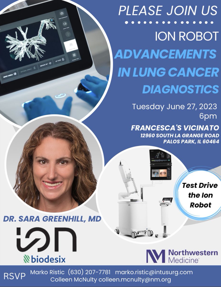 GreenhillMd's tweet photo. Join us on Tuesday June 27th at 6pm for food and beverages at Francesca’s Vicinato! You will have the opportunity to test drive the ION Robot and learn about the advancements in lung cancer diagnostics. Please reach out to Colleen.mcnulty@nm.org if you are interested. https://t.co/Tc9PPDAOx7