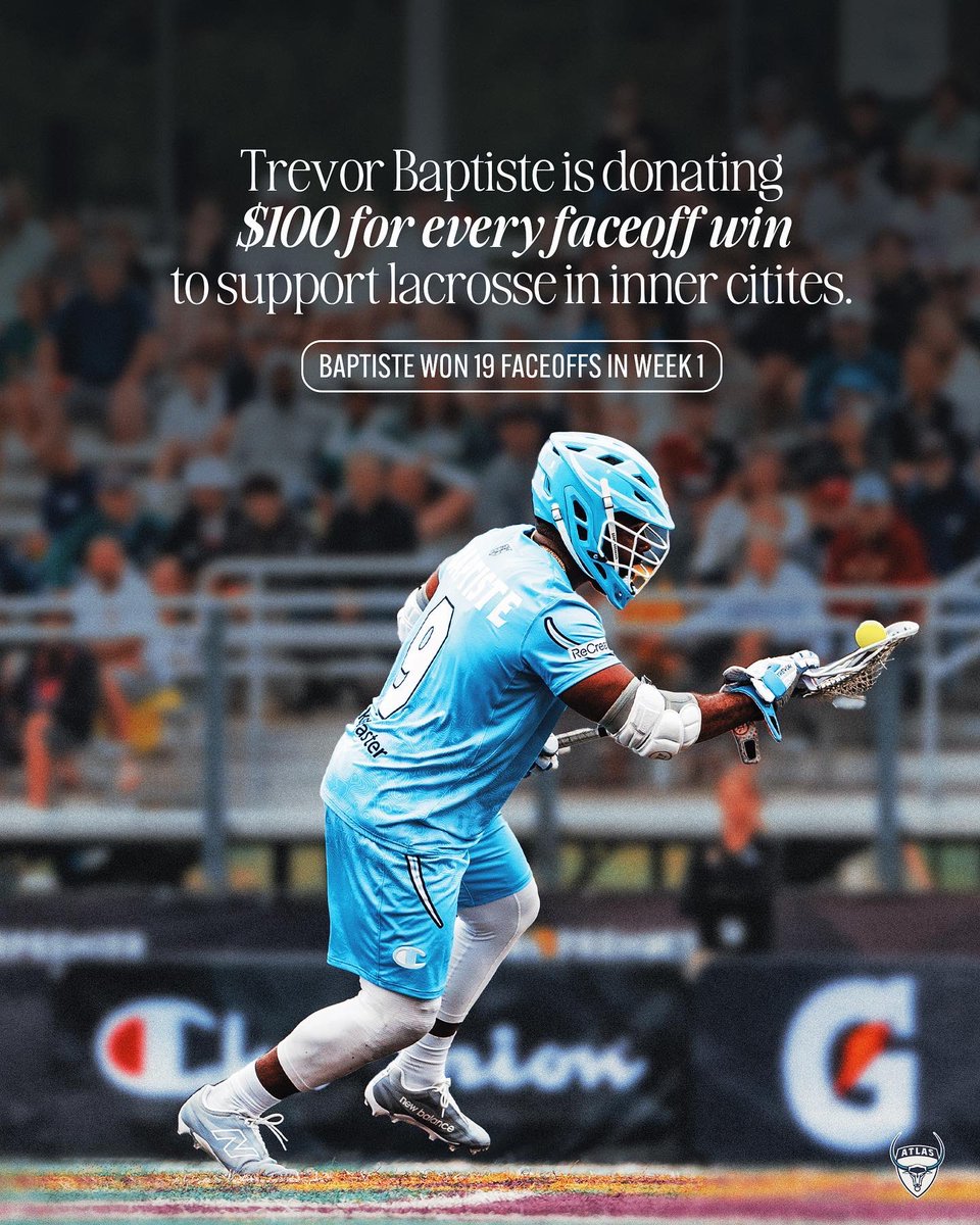 PLLAtlas's tweet photo. Impact on and off the field. 

@trevorbaptiste9 is donating $100 for every faceoff win this season— And he went 19/28 in week one. 👀👏 https://t.co/0a3i8UWHRQ