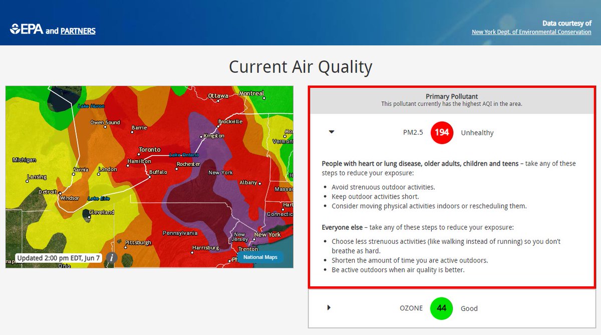markpoloncarz's tweet photo. As of 2 PM, air quality in most of Erie County is not good and in the "Unhealthy" Category. Outdoor activity should be reduced, especially those with heart or lung disease, older adults, children and teens. 

Updated information can be found here: https://t.co/5sqgICzJpi https://t.co/xERnklptDX