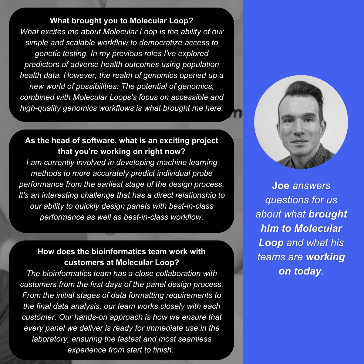 MolecularLoop's tweet photo. As part of @NHGRI's career spotlight, we interviewed our VP of Software Engineering, Joe Vieira, to delve into his journey and the pivotal role of software engineering in genomics research.

🎙️ Read the Q&amp;A below! 

#MedGeneEd23 #careers #genomics https://t.co/2MjphtGnpF