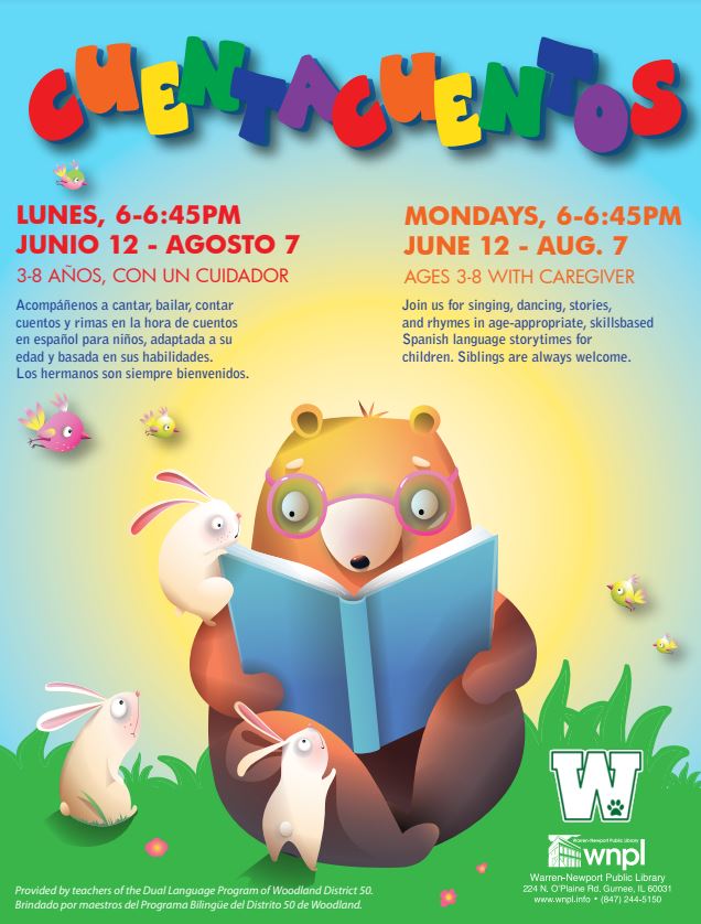 This summer, Woodland Dual Language Teachers are partnering with <a href="/WNPL/">Warren-Newport Public Library</a> to bring you storytelling, singing, dancing, and crafts in Spanish. Manualidades starts THIS FRIDAY, and Cuentacuentos starts on MONDAY! Learn more HERE (page 5) wnpl.info/wp-content/upl… #LifeintheW
