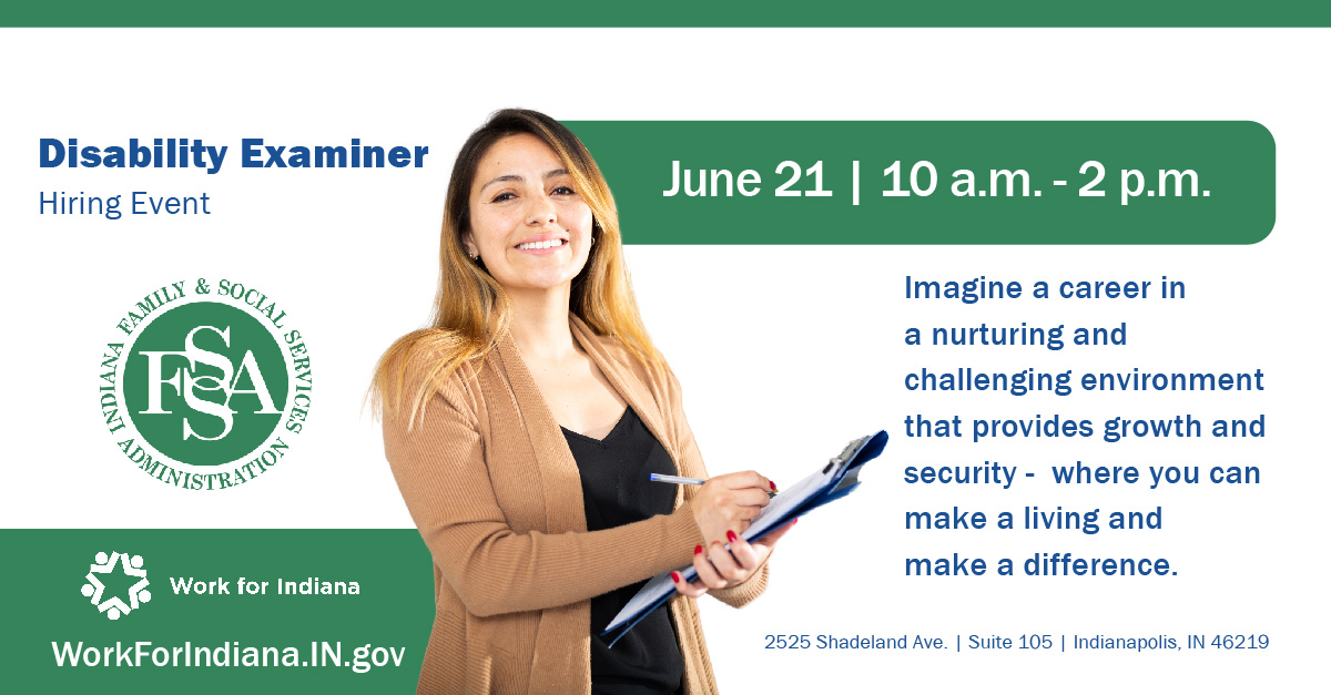 Looking to make a living AND a difference? Schedule an interview with @FSSAIndiana at their Disability Examiner hiring event! 📅Wednesday, June 21 ⏰10 a.m. - 2 p.m. 📌2525 Shadeland Ave. | Suite 105 Learn more & apply at workforindiana.in.gov/job-invite/426… #WorkForIndiana #HiringEvent