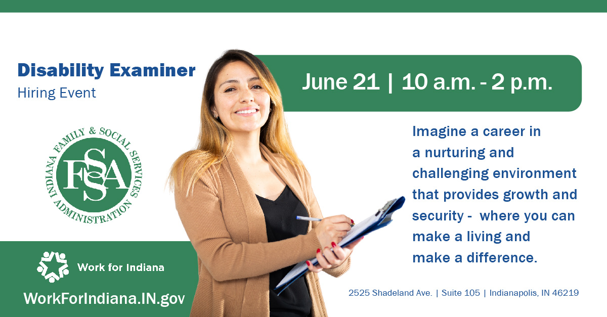 State of Indiana (@workforindiana) on Twitter photo Looking to make a living AND a difference? Schedule an interview with <a href="/FSSAIndiana/">Indiana FSSA</a> at their Disability Examiner hiring event!
📅Wednesday, June 21
⏰10 a.m. - 2 p.m.
📌2525 Shadeland Ave. | Suite 105
Learn more & apply at workforindiana.in.gov/job-invite/426…
#WorkForIndiana #HiringEvent Looking to make a living AND a difference? Schedule an interview with <a href="/FSSAIndiana/">Indiana FSSA</a> at their Disability Examiner hiring event!
📅Wednesday, June 21
⏰10 a.m. - 2 p.m.
📌2525 Shadeland Ave. | Suite 105
Learn more & apply at workforindiana.in.gov/job-invite/426…
#WorkForIndiana #HiringEvent