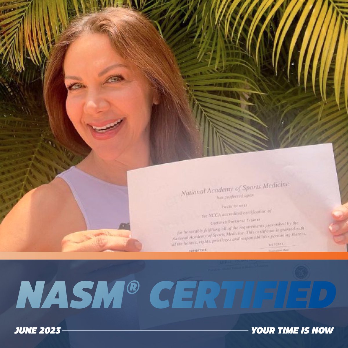 NASM's tweet photo. Congratulations Paula for passing your NASM Certified Personal Trainer exam! We are so happy to have you join the NASM community. Make sure to drop a 🎉 to celebrate this amazing accomplishment.
Click the link for more information https://t.co/B4SqQmS1hN
#IAMACPT #NASM https://t.co/BJTPUbBqhs
