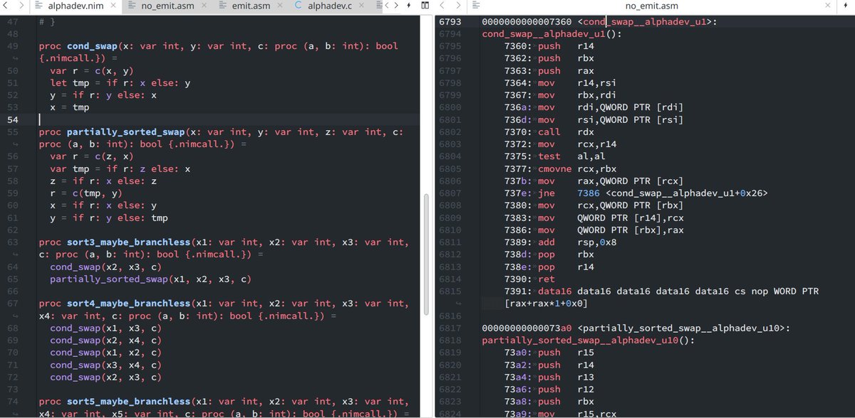 planetis_m's tweet image. Exploring DeepMind&apos;s #AlphaDev sorting algorithms, I initially ported them to #nim_lang. Sadly, the C code generator couldn&apos;t produce the same branchless assembly as the paper. But thanks to the emit pragma, it did by directly emitting C code.