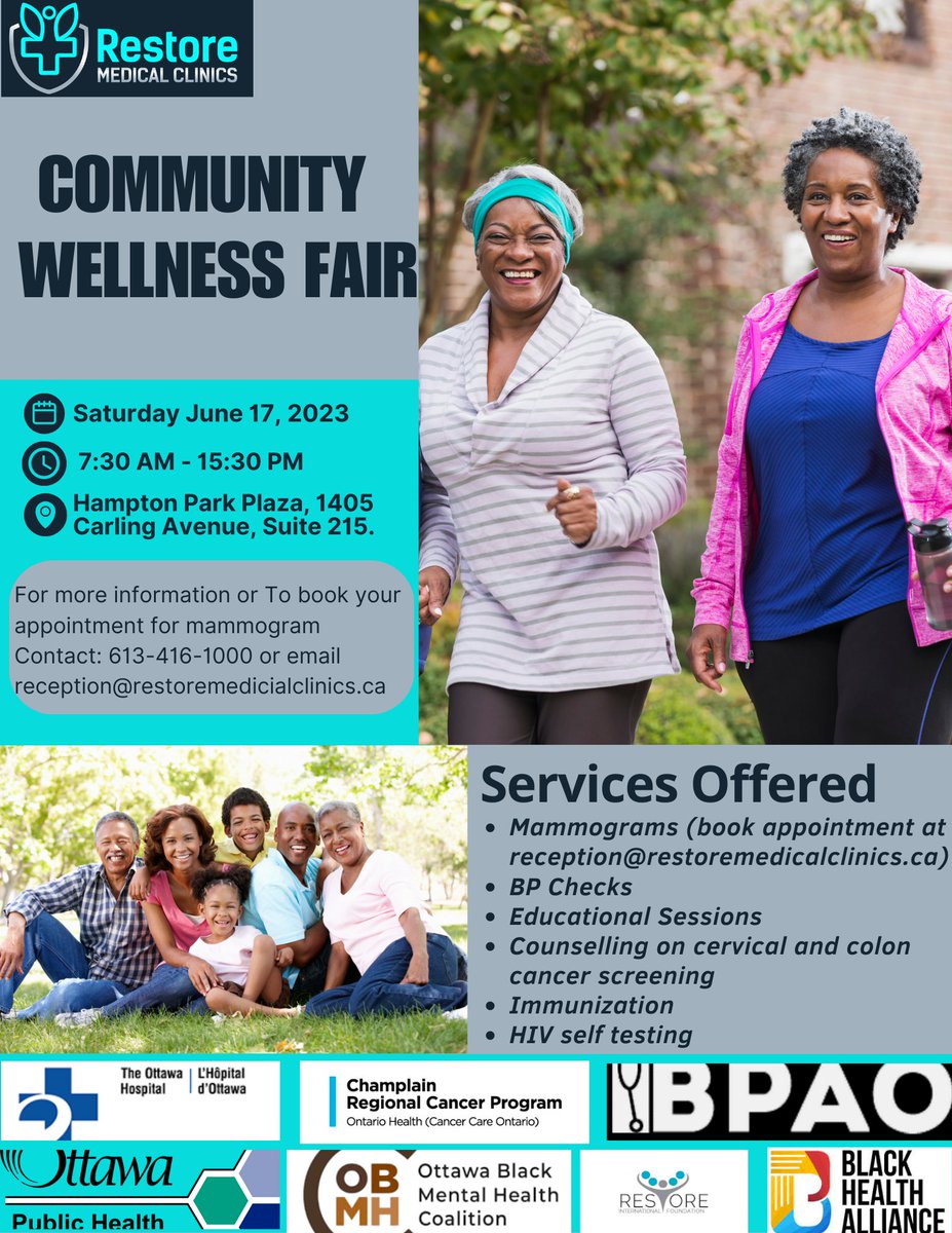 Champlain Patient Screening (@champlainscreen) on Twitter photo Restore Medical Clinics & Champlain Regional Cancer Program is hosting a wellness event on cancer screening.
Mammograms will be provided for women by appointment only. Come and learn about cancer screening options & more. Please email reception@restoremedicalclinics.ca for info Restore Medical Clinics & Champlain Regional Cancer Program is hosting a wellness event on cancer screening.
Mammograms will be provided for women by appointment only. Come and learn about cancer screening options & more. Please email reception@restoremedicalclinics.ca for info