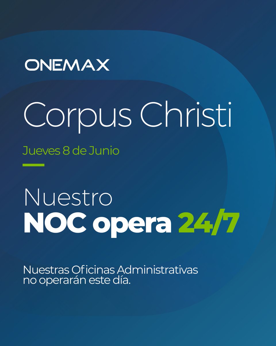 onemax_rd's tweet photo. En este Jueves feriado nos encargamos de monitorear la red y tus servicios sin pausa.

Aunque nuestras Áreas Administrativas no estén laborando, tu conexión seguirá intacta. 

Estaremos devuelta el Viernes 9 de Junio en horario regular. 

#ONEMAX #Telecomunicaciones #Aviso https://t.co/k9nAQHSTHG