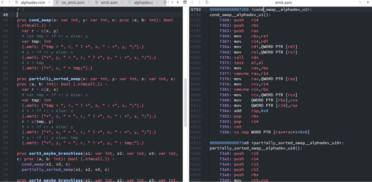 planetis_m's tweet image. Exploring DeepMind&apos;s #AlphaDev sorting algorithms, I initially ported them to #nim_lang. Sadly, the C code generator couldn&apos;t produce the same branchless assembly as the paper. But thanks to the emit pragma, it did by directly emitting C code.