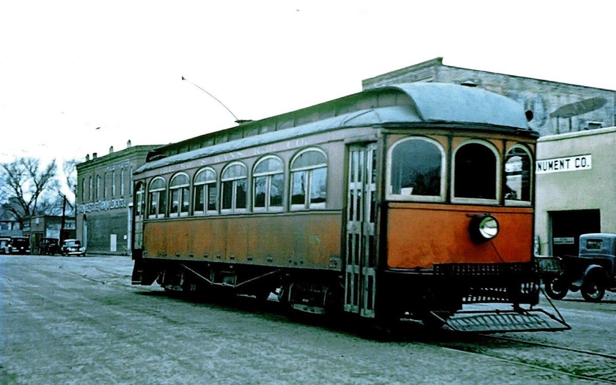 americanrails's tweet photo. Seen here is Missouri & Kansas Interurban Railway car #118 in Olathe, Kansas, likely taken in early 1940 before serviced ended on July 24th that year.

This system linked Kansas City with Olathe and was one of several serving points to the west and east of KC including Leavenworth, Lawrence, and Zorah.  In addition, the Kansas City, Clay County & St. Joseph Railway extended as far east as Excelsior Springs, Missouri.

https://t.co/mJy5ElUrXF