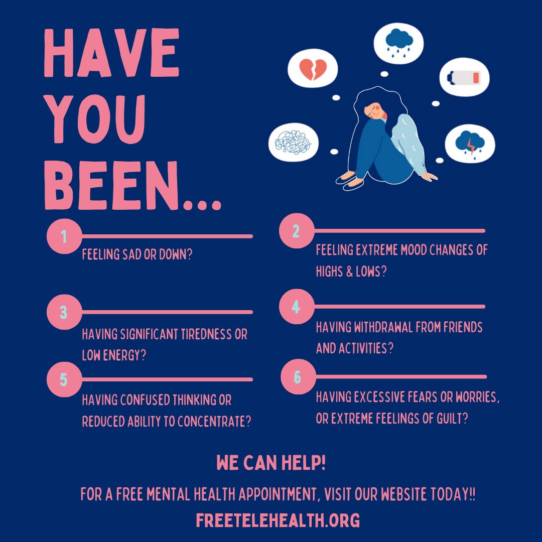 FreeTelehealth's tweet photo. Feeling sad or down recently? We can help! Check out our website to book a free mental health appointment today!!

Website: https://t.co/I0FlvX0LSH https://t.co/MqSkyo1rDp
