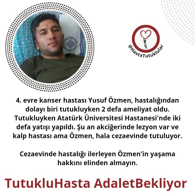 Hastalr_Tutuklu's tweet photo. Yusuf Özmen'in eşi:

"Sn. @yilmaztunc sizin haberiniz yoktur. Eşim YUSUF ÖZMEN akciğer metastazı olan kanser hastası ve tutuklu. Bir sürü raporu olmasına rağmen tahliye edilmedi. Tedavi olabilmesi için ACİL tahliye edilmeli."

#BJKvKNY Benzine 2,35
TutukluHasta AdeletBekliyor https://t.co/RaQeG2F7z3