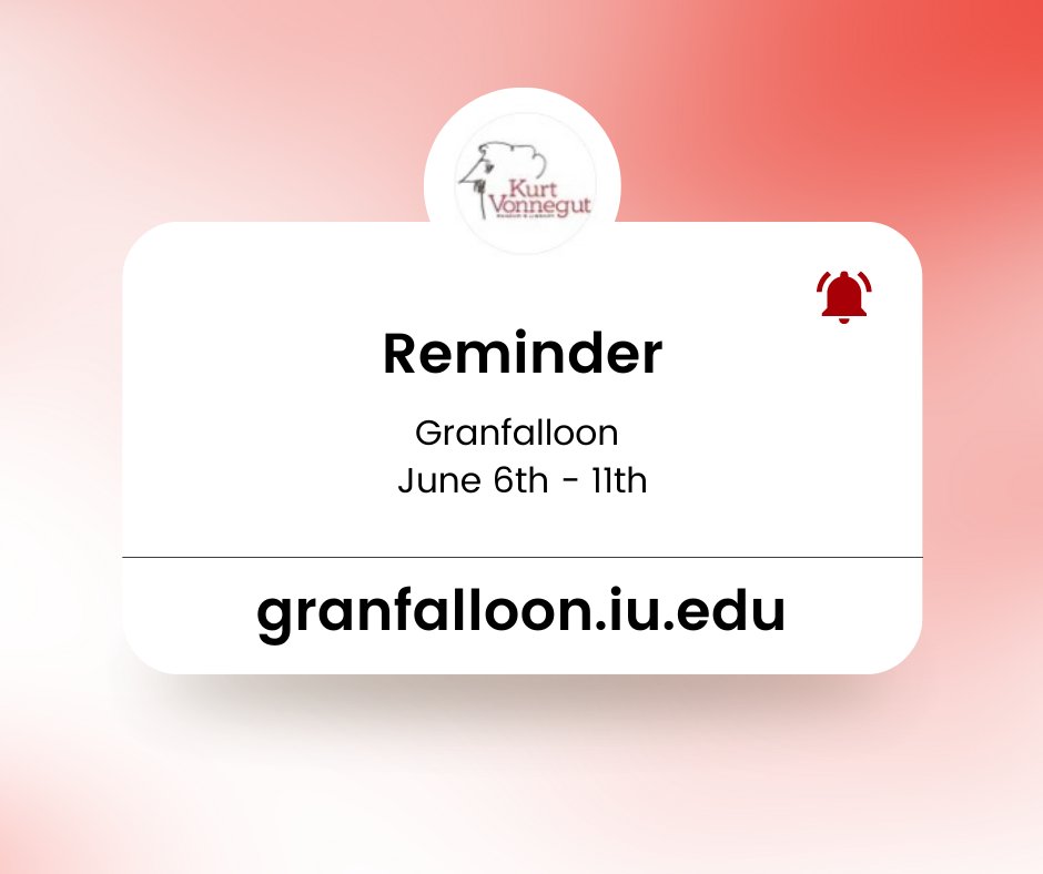 VonnegutLibrary's tweet photo. We'll be busy, busy, busy this week at Granfalloon! Come down to Bloomington, IN to hang out with us. We have a booth and an exhibit on Player Piano on display. Be sure to check out Curator Chris' band, Billy Pilgrim and the Earthlings at KurtChella tomorrow! https://t.co/6xI3pBj4Xk
