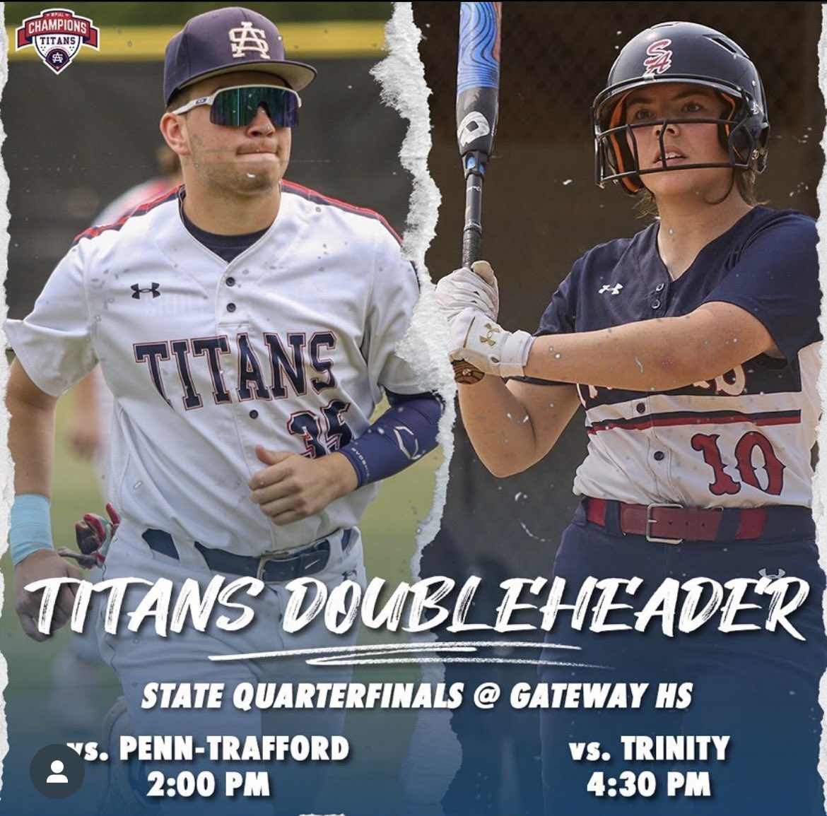 salts2020's tweet photo. HUGE Titans Doubleheader tomorrow. Baseball plays at 2 against Penn Trafford and softball follows at 4:30 against Trinity at Gateway🥎⚾️Let’s get the stands packed for both these teams📣📣📣 https://t.co/uJXWk5E6j8