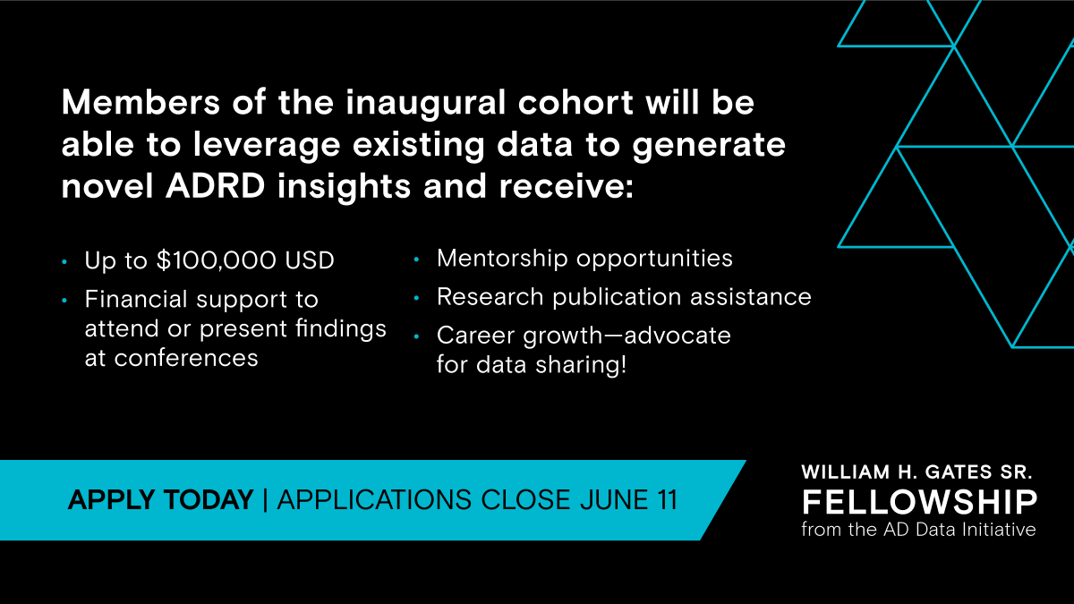 AlzData's tweet photo. We're looking for early-to-mid career researchers from around the world to join the William H. Gates Sr. Fellowship from the AD Data Initiative! Want to help us advance #ADRD discoveries through data analysis? Apply by June 11: https://t.co/iKVcM2v1bY https://t.co/nxb0nboIvM
