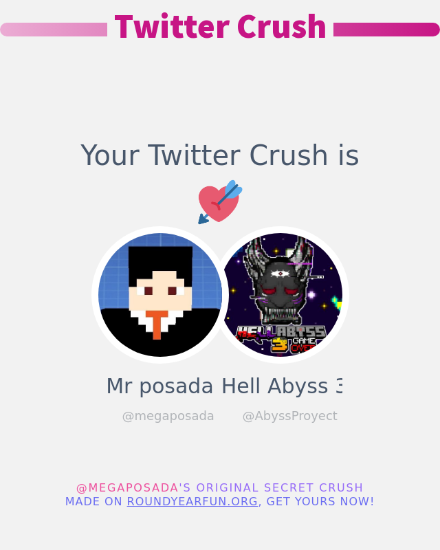 Mi Crush en Twitter es: <a href="/AbyssProyect/">HELL ABYSS REMAKE</a>

➡️ anyplacehere.me/twittercrush?l…