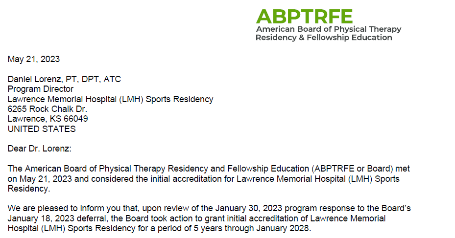 kcrehabguy's tweet photo. Our Sports PT Residency is officially accredited! Good news! Thanks to @danieldlarson57 for all his efforts in helping us make this happen. Added more wrinkles for our next resident. @kwhitehair_dpt was a fantastic one to get us started. https://t.co/7qb8YHwhHH