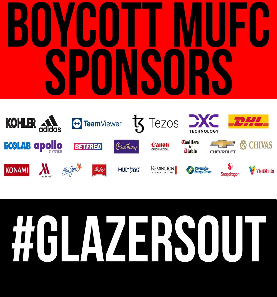 NorfolknChange's tweet photo. BOYCOTT:
@Snapdragon
@TeamViewer
@adidas
@tezos
@CasilleroDiablo 
@DXCTechnology
@MlilyOfficial
@ChivasRegalUS
@DHLManUtd
@RemingtonUK 
@REGbiofuels
@MelittaUSA 
@Therabody
@CadburyUK
@Ecolab
@OfficialMauiJim
@Betfred
@Konami
@MarriottIntl
@ApolloTyres
$manu #GlazersOut https://t.co/L3603KDg3G