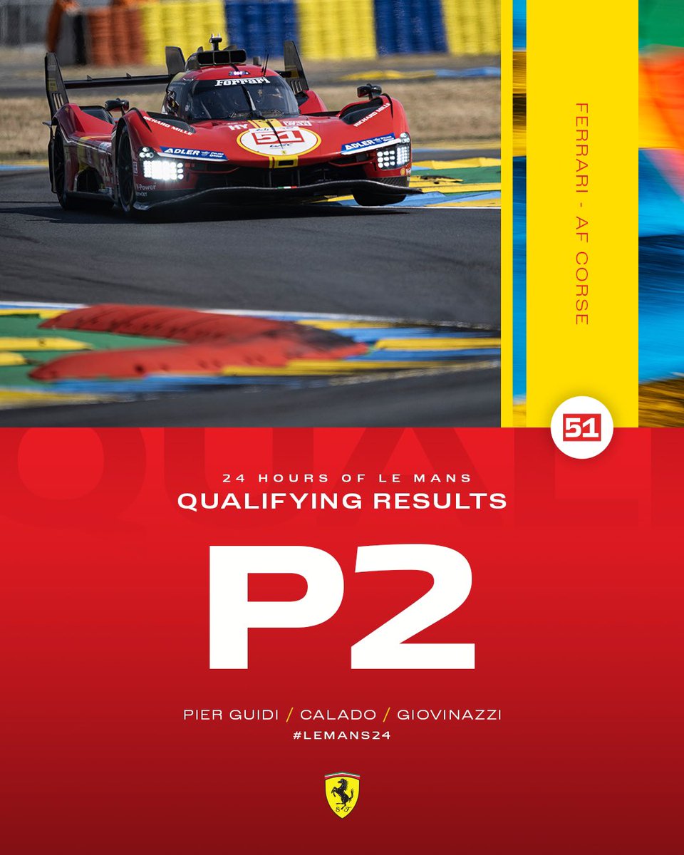 𝙎𝙏𝙍𝙊𝙉𝙂 𝙎𝙀𝙎𝙎𝙄𝙊𝙉! 💪 All eyes on the #Hyperpole run tomorrow 🙌 #LeMans24

#️⃣5️⃣0️⃣ - P1 ⏱️ (3:25.213)
#️⃣5️⃣1️⃣ - P2 ⏱️ (3:25.412)

#FerrariHypercar #Ferrari499P #LeMansCentenary