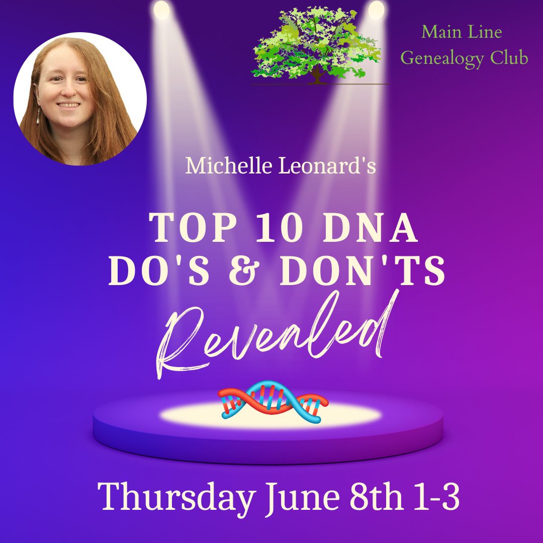 Michelle Leonard's Top 10 DNA Do's &amp; Don'ts will be revealed at tomorrow's lecture!! Register now!
6/8 1PM EDT
<a href="/GenealogyLass/">Michelle Leonard</a>
eventbrite.com/e/top-ten-dna-…

#familyhistory
#genealogy
#ancestry
#dna 
#familytree
#familysearch