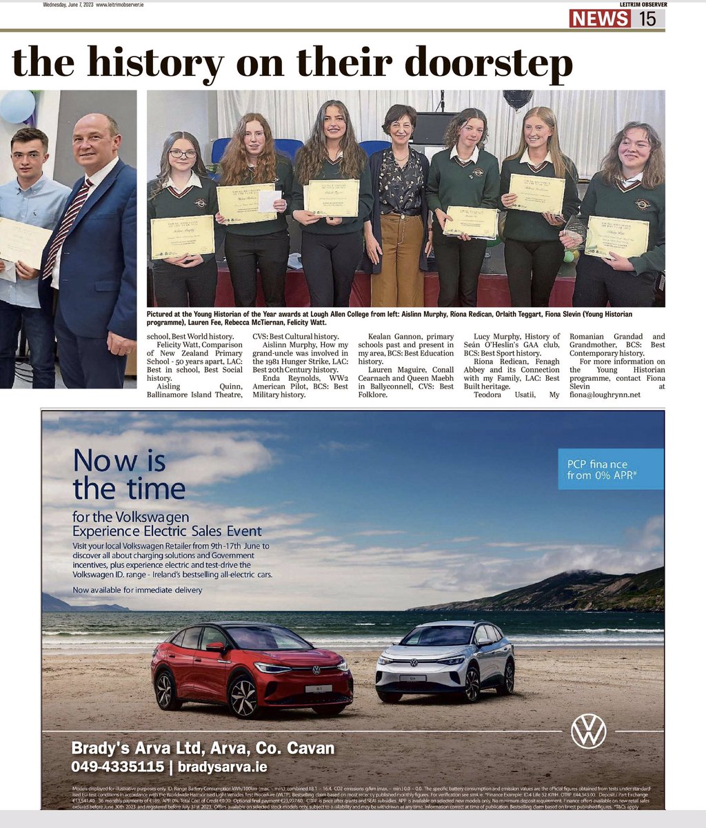 YoungHist's tweet photo. Fantastic entries from Leitrim TY students for the 2023 Young Historian programme sponsored by @LibraryLeitrim. 
Read about some of the entries in the @LeitrimLive article of 7 June 2023, and see the https://t.co/8t5wroeYMq website for more. https://t.co/Fl3P12evBP