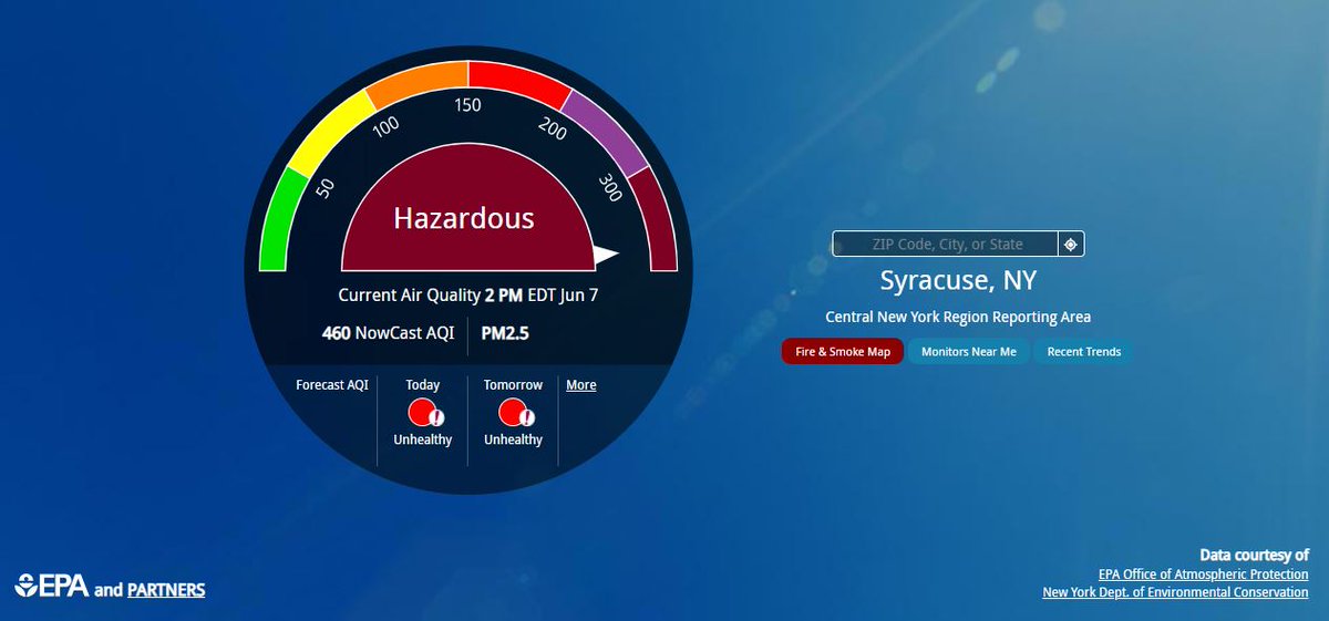 SyracusePolice's tweet photo. Air Quality Update as of 2 p.m.

Everyone except essential personnel should avoid outdoor activities and move indoors. According to the Onondaga County Health Department: "if you must be outdoors, you may consider wearing a respirator/high-quality mask (for example, an N95)." https://t.co/QruRRLXCH2