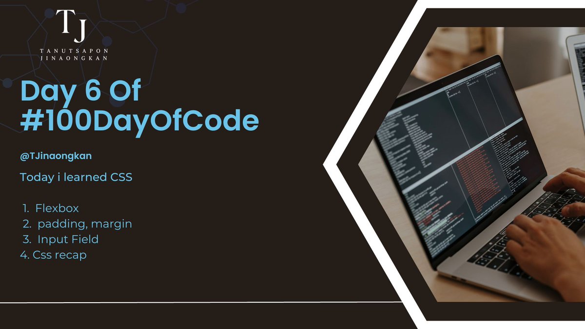 Tanutsapon Jinaongkan (@TJinaongkan) on Twitter photo 2023-06-07 18:47:01 🖥️Day 6 of #100DaysOfCode📷 #developers 📷@scrimba
Today i learned CSS
1. Flexbox
2. padding, margin
3. Input Field
4. Css recap 🖥️Day 6 of #100DaysOfCode📷 #developers 📷@scrimba
Today i learned CSS
1. Flexbox
2. padding, margin
3. Input Field
4. Css recap