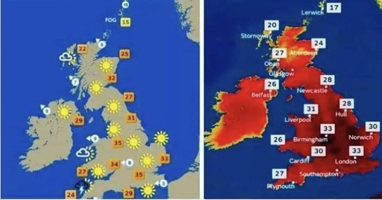If you're wondering why there's such a difference, it's quite simple. 

In the first photo they didn't need to scare you with the weather to prepare you for oncoming Climate Change lockdowns, 15 minute cities, and extortionate green tax fuckery.