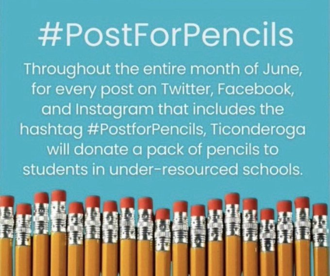 MrsTibollo's tweet photo. Kids can't learn without the tools they need. Through June 30, for every tweet with #postforpencils,
@WeRTiconderoga will  donate a pack of pencils to students in under-resourced schools through
@kidsinneed, up to 2M. RETWEET this post to help! https://t.co/AEVnGAQmQx