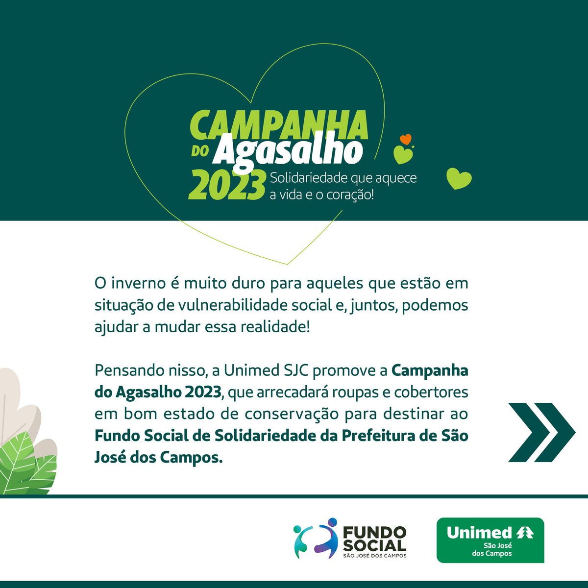 UnimedSJC's tweet photo. Participe, sua cooperação faz toda a diferença! 💚

#unimedsjc #campanhadoagasalho2023 #participe https://t.co/n23eXOOVNJ