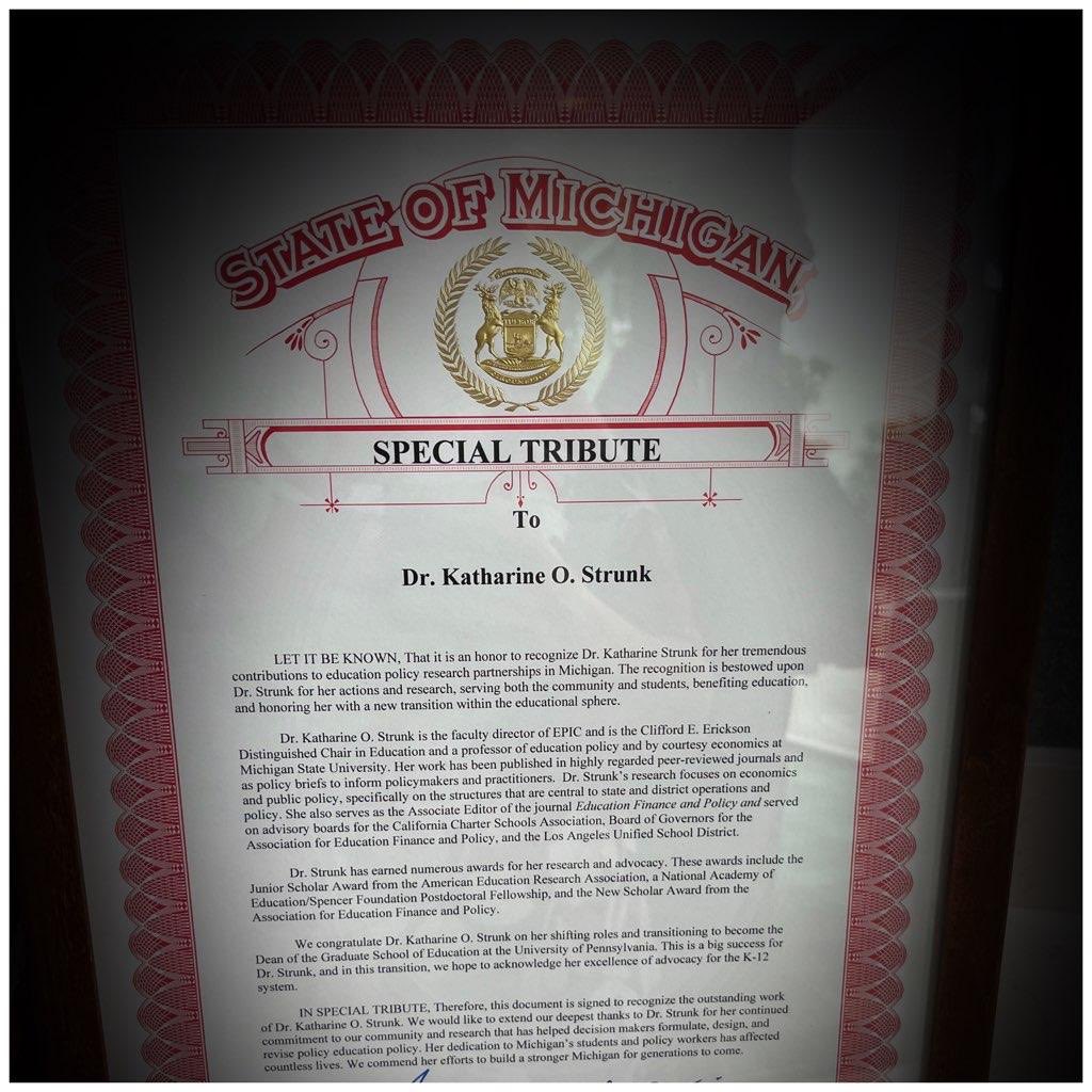 KatharineStrunk's tweet photo. Overwhelmed by yesterday’s goodbye party @EPICedpolicy & @MSUCollegeofEd. Surprised & humbled by the legislative tribute presented by @singhsam94. It has been an honor to work on behalf of Michigan’s students & educators. #ResearchWithConsequence https://t.co/l8beUCN8Xo