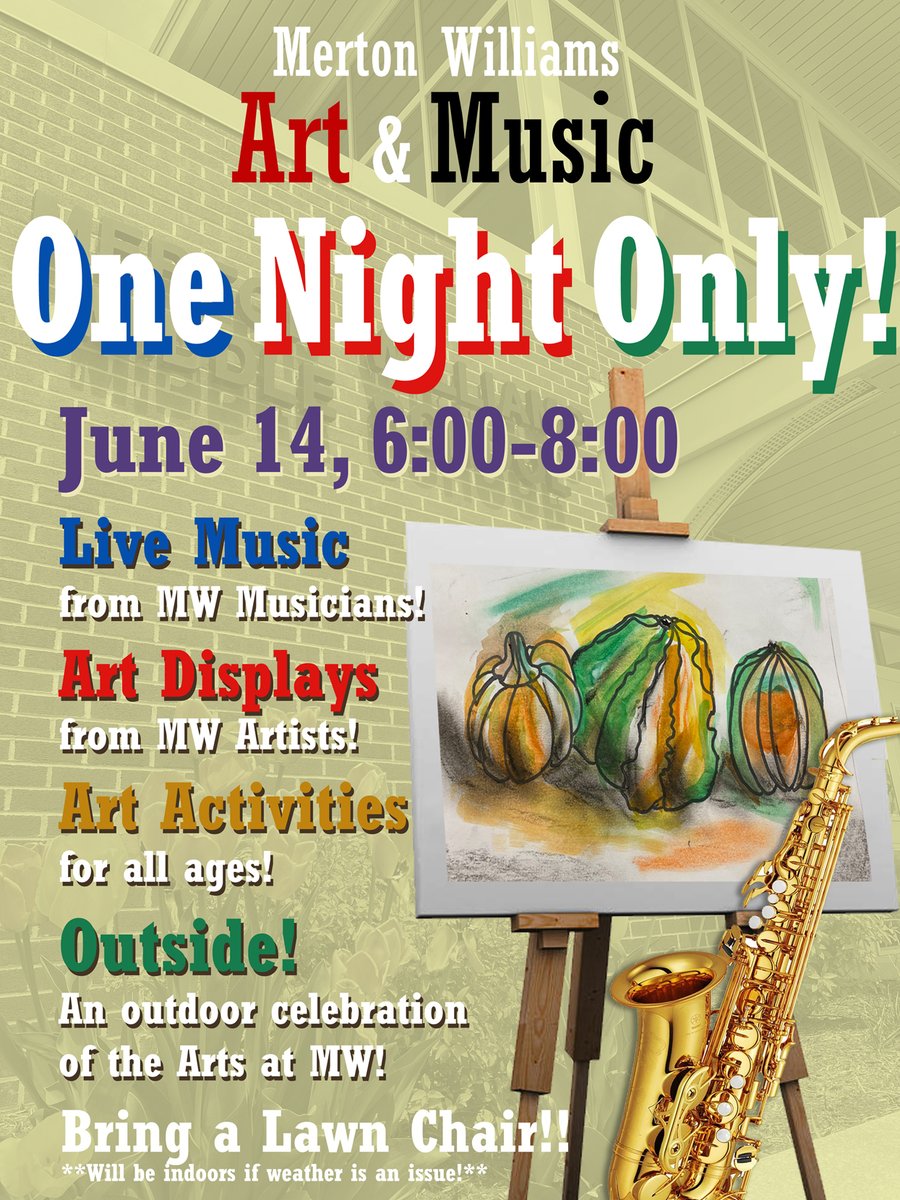 MWArtDept's tweet photo. One week until our show! MWMS presents "One Night Only" our Art &amp; Music Fest! Live music! Art-exhibition! Art making activities! Ice cream! All outdoors! Come join us for a fun, creative night! @HiltonCSD @HiltonCSDk12Art @HiltonCSDMusic @MWBandHCSD https://t.co/0LM42ZIUXW