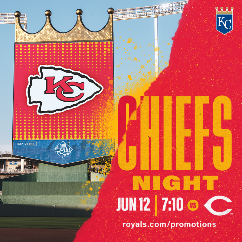 Royals's tweet photo. Join us for Chiefs Night! Be at The K on June 12 when the Royals take on the Reds at 7:10 pm.