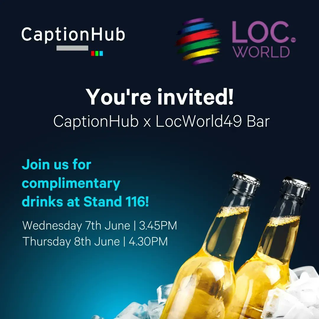 CaptionHub (@captionhubhq) on Twitter photo After a jam-packed morning at <a href="/LocWorld/">Localization World</a>, you should take a quick break and grab a refreshing drink at our CaptionHub bar!
Today from 3.45PM onwards, we will have drinks on us along with great company at Stand 116. See you there! 🍻
#LocWorld49 #localization #globalization After a jam-packed morning at <a href="/LocWorld/">Localization World</a>, you should take a quick break and grab a refreshing drink at our CaptionHub bar!
Today from 3.45PM onwards, we will have drinks on us along with great company at Stand 116. See you there! 🍻
#LocWorld49 #localization #globalization
