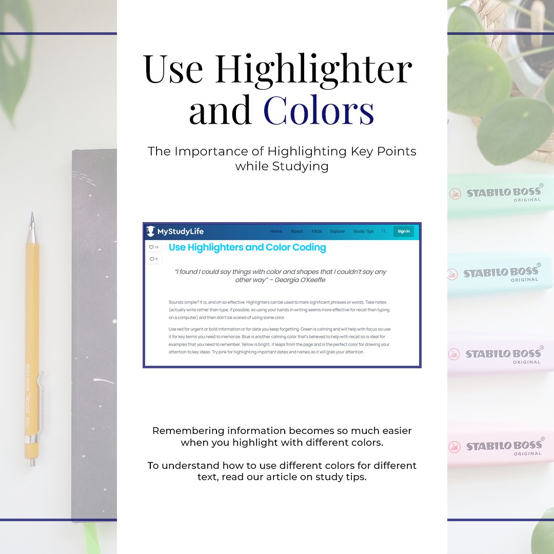 Remembering information becomes so much easier when you highlight with different colors. To understand how to use different colors for different text, read our article on study tips: mystudylife.com/the-power-of-m…

#studygram #students #school #university #college #studymotivation
