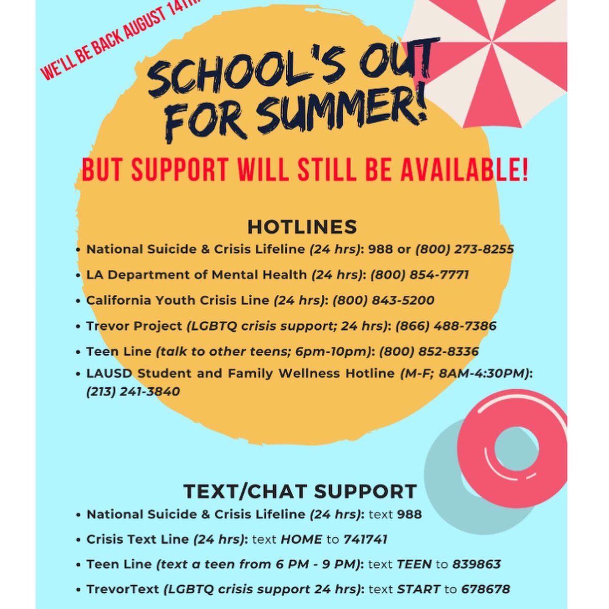 As students begin their summer break, here are some important hotline, text &amp; chat numbers to use in case of any mental health crisis they may experience. Mientras los estudiantes empiezan sus vacaciones de verano, aquí hay algunas líneas directas y números de texto importantes.
