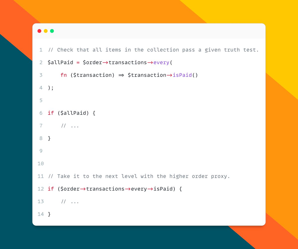 _newtonjob's tweet image. #Laravel devs, how often do you reach for the #Collection::every() method?

It helps you check that all items in the collection pass a given truth test. 

Using the higher order proxy, you can then take it to the next level!! 🚀🚀