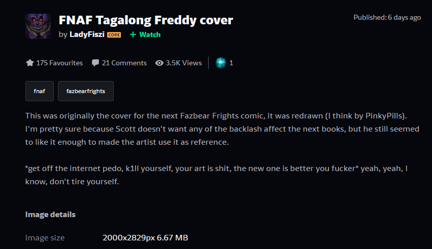games878787's tweet image. El primer dibujo es Tag-Along Freddy de la portada de la Novela Gráfica de Fazbear Frights Vol.4

Al parecer Scott canceló su portada por su polémica y fue re-hecha por PinkyPills, usando como referencia la de Fiszi al parecer

FISZI / PINKY