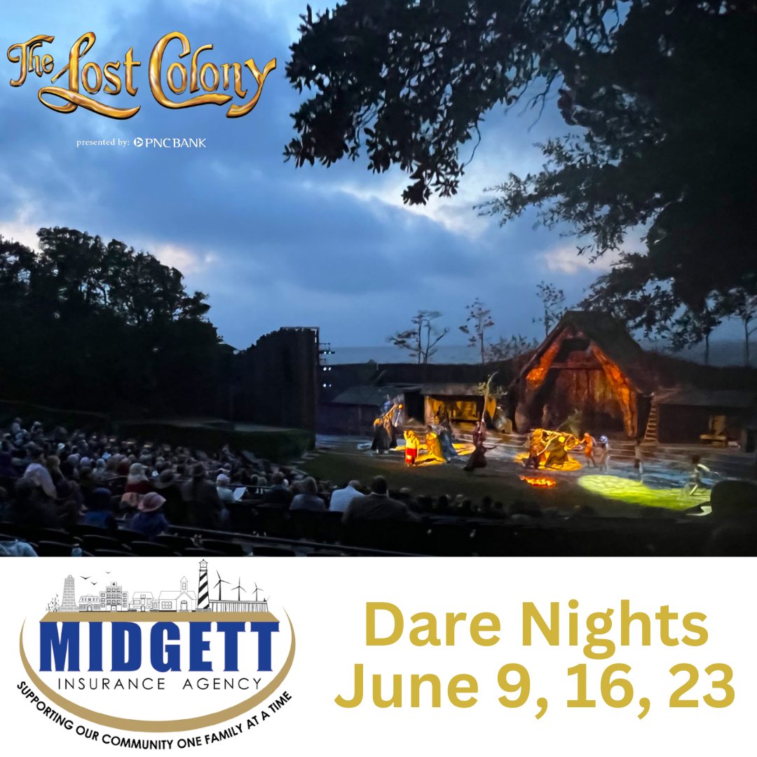 Dare Nights: June 9, 16, 23-Presented by Midgett Insurance
-
Dare Nights are free for Dare, Currituck, Tyrrell and Hyde County residents with a minimum donation of 3 non-perishable items.
Dare Nights are also open to general public. Tickets start at $25.