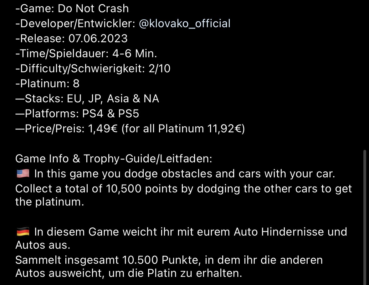 marcelreise11's tweet photo. Since today is #DoNotCrash from @klovako available. Collect a total of 10500 points to get the #platinum.
-Time: 4-6 Min.
-8x Platinum: EU/JP/Asia/NA #PS4/#PS5
https://t.co/0DQXjd7VJB
@SilentGhost86 @PSN_Robert2567 @HirntotMv @IBadDriverI @OverhypedG https://t.co/cdHGi5dr2h