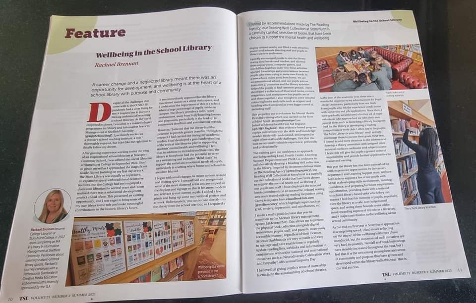 Proud to be published in the <a href="/uksla/">School Library Association (SLA)</a> magazine and hope readers enjoy my article about my journey into school librarianship and passion for creating pupil-led library spaces that promote wellbeing and community #sla #wellbeing #newwriter #schoollibraries