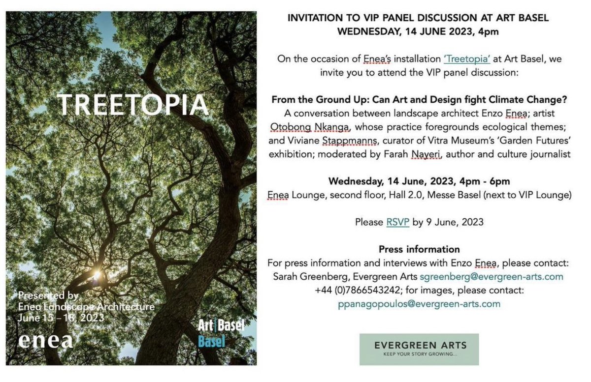 ArtsEvergreen's tweet photo. Can art and design help combat the climate change?
Journalist and author @fnayeri will be asking this question in a panel at @artbasel next week with Enzo Enea @Otobongnkanga  Viviane Stappmanns on Wed June 14. RSVP essential rsvp@evergreen-arts.com #design #art  #climatechange https://t.co/nWuiW0Uhn9
