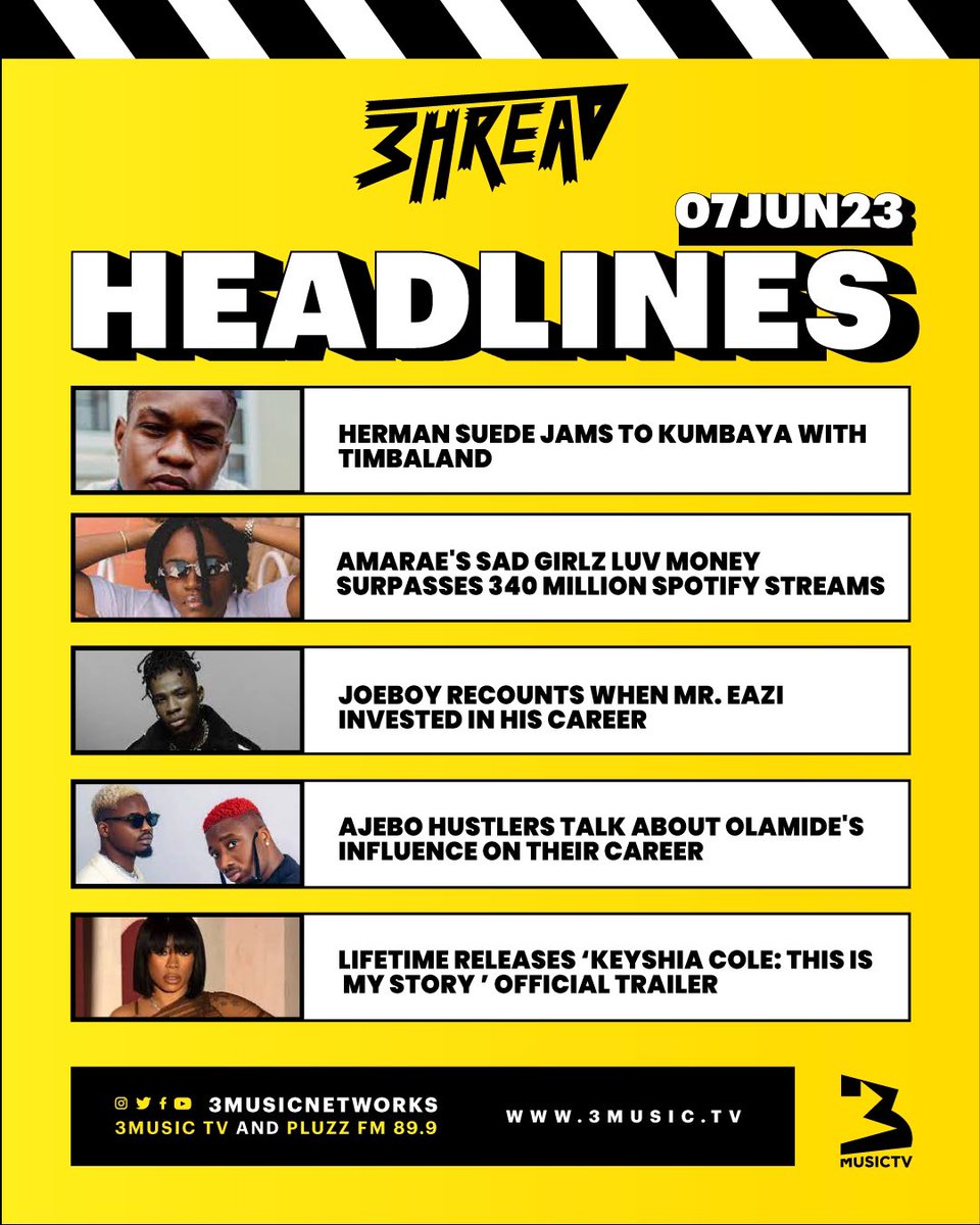 3musicnetworks's tweet image. It's evening and these are the #3hreadlines for tonight. Catch the #EntertainmentNews at 7:00 pm with @essilfua_ for the details. 

#3MusicTV