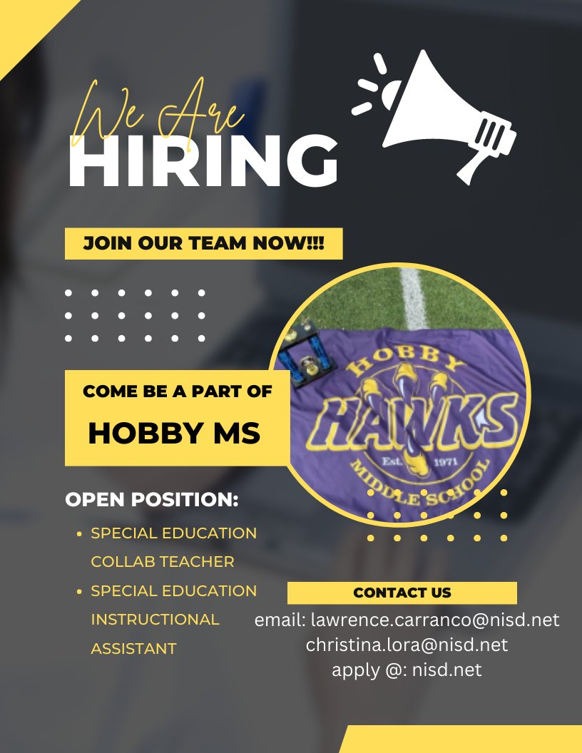 VargasHobby's tweet image. Who wants to join this AWESOME team at an AWESOME school?!?!?!?!?!? Come be a part of something special and help our Hawks soar to new heights! If any of my NISD colleagues can help spread the word, I appreciate you!