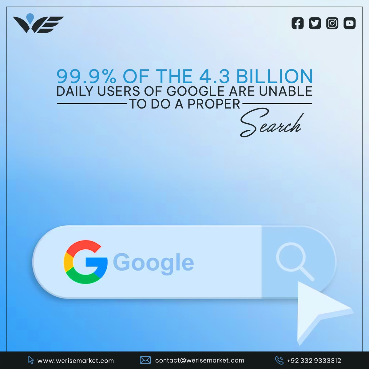 WeRiseMarket's tweet image. Did you know that 99.9% of the 4.3 billion daily users of Google are unable to do a proper search?
#GoogleSearch #SearchSkills #AdvancedSearchTechniques #google #people #werisemarket